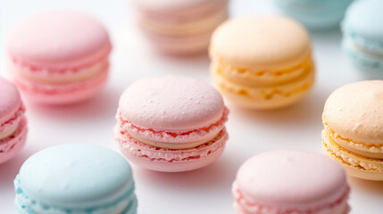 Obraz premium A close-up of various sweet colorful macarons stacked together on white background