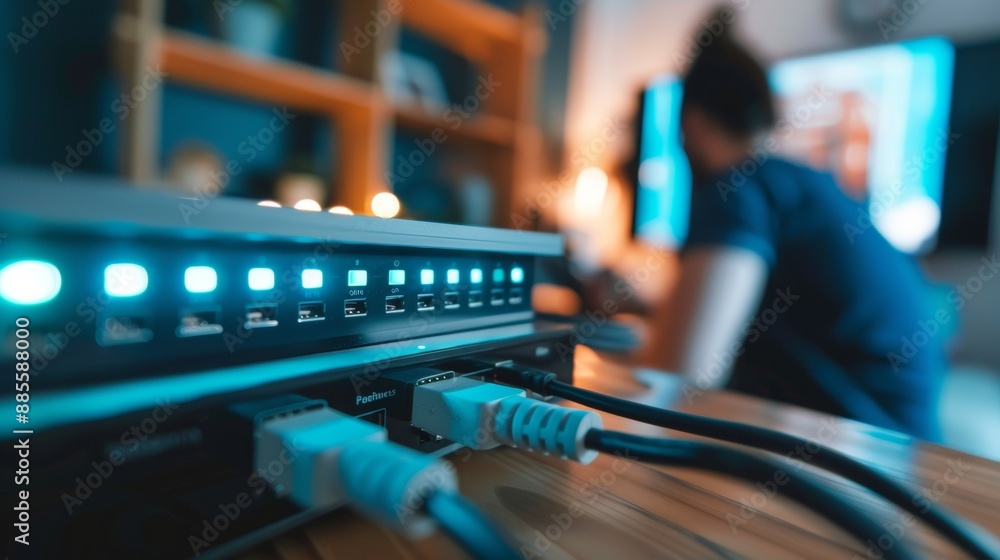 Poster internet router with blurred man connecting cables in the background. provides fast and high-speed i
