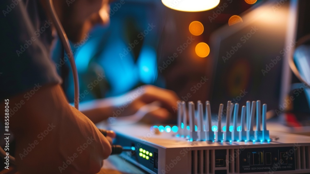 Aufkleber internet router with blurred man connecting cables in the background. provides fast and high-speed i