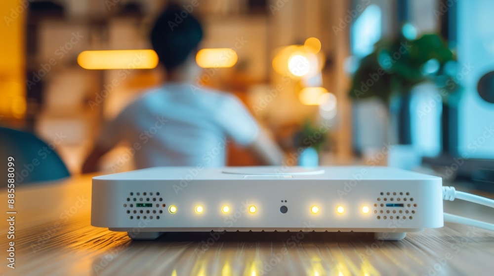 Poster internet router with blurred man connecting cables in the background. provides fast and high-speed i