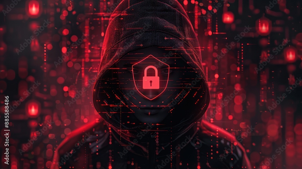 Poster mysterious hooded figure surrounded by digital symbols and a locked padlock, representing cybersecur