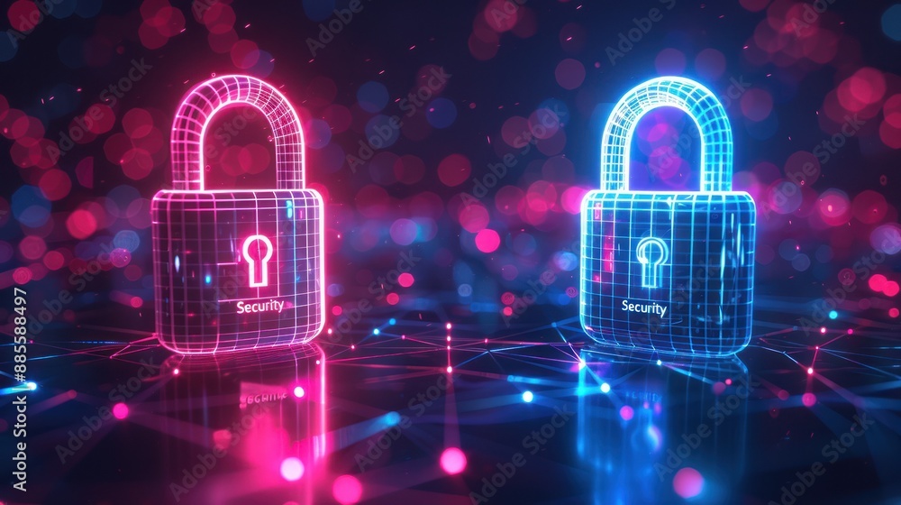 Poster digital padlock holograms representing cybersecurity and data protection in a high-tech, futuristic 