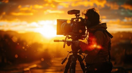 Fototapeta premium Silhouette of a filmmaker shooting at sunset with professional camera equipment, capturing golden hour light and scenic beauty
