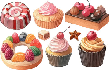 set with a variety of bright cakes, cupcakes and sweets in a watercolor style