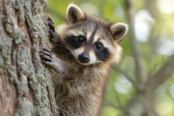 Baby Raccoon: A mischievous baby raccoon, climbing a tree in the backyard. 