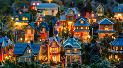 Fototapeta premium A model city made of glass and lit from within, Toy village with many colored miniature houses