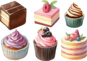 set with a variety of bright cakes, cupcakes and sweets in a watercolor style