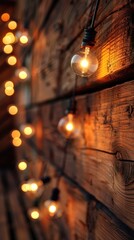 Fototapeta premium Warm, glowing string lights hanging against a rustic wooden wall create a cozy, inviting atmosphere perfect for holiday or celebration decor.