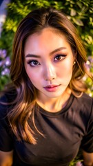 Fototapeta premium Portrait of a young woman with long brown hair and dark eyes wearing a black shirt looking at the camera with a serious expression surrounded by green leaves and purple flowers