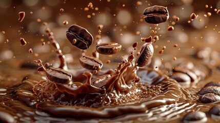 Fototapeta premium Dynamic close-up of coffee beans splashing into rich coffee, capturing the essence of freshness and energy in every drop.