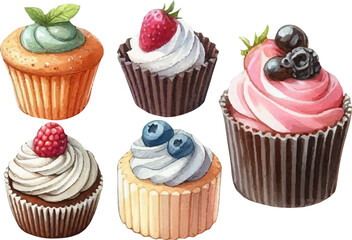 set with a variety of bright cakes, cupcakes and sweets in a watercolor style