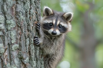 Baby Raccoon: A mischievous baby raccoon, climbing a tree in the backyard. 