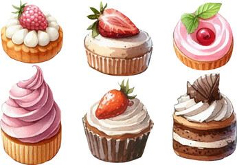set with a variety of bright cakes, cupcakes and sweets in a watercolor style