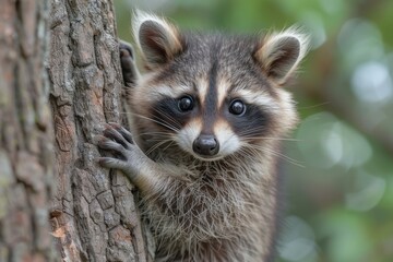 Fototapeta premium Baby Raccoon: A mischievous baby raccoon, climbing a tree in the backyard. 