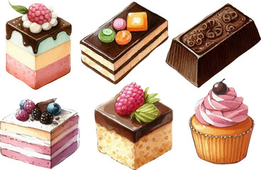 set with a variety of bright cakes, cupcakes and sweets in a watercolor style