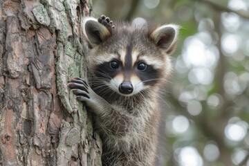 Baby Raccoon: A mischievous baby raccoon, climbing a tree in the backyard. 