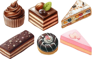 set with a variety of bright cakes, cupcakes and sweets in a watercolor style