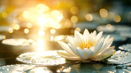 Beautiful white lotus flower in full bloom with sunlight reflecting off water surface, creating a serene and tranquil scene in nature.