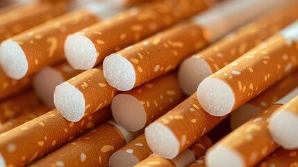 Close-up of multiple cigarettes arranged in a pile, showcasing the white filters and brown paper with speckled patterns.