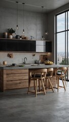 Sleek wood-concrete kitchen, mock-up wall, island, appliances, city view, natural light. D Rendering