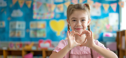 Schoolgirl shows her uniform while standing in the classroom against the backdrop of a school board. First day of school or back to school concept