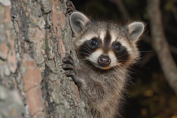 Fototapeta premium Baby Raccoon: A mischievous baby raccoon, climbing a tree in the backyard. 