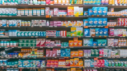 Obraz premium Pharmacy shelves stocked with boxes of healthcare products for sale.