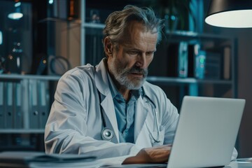 dedicated mature male doctor in white coat works intently at his desk entering patient data into a laptop the modern medical office setting reflects professionalism and expertise