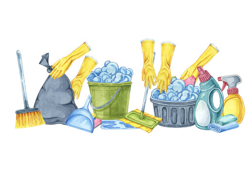 Cleaning scene with hands in yellow rubber gloves. Watercolor clipart for cleaning services, housekeeping businesses, digital content, classroom posters, brochures, website banners, promotional flyers