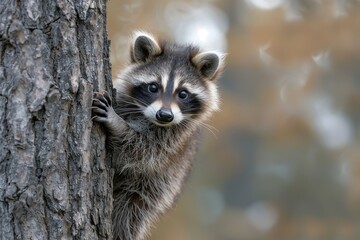 Baby Raccoon: A mischievous baby raccoon, climbing a tree in the backyard. 