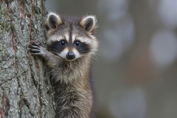 Baby Raccoon: A mischievous baby raccoon, climbing a tree in the backyard. 