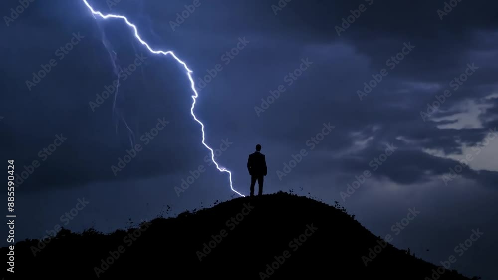 Poster man standing on a hilltop during a thunderstorm generative ai