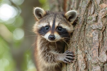 Obraz premium Baby Raccoon: A mischievous baby raccoon, climbing a tree in the backyard. 