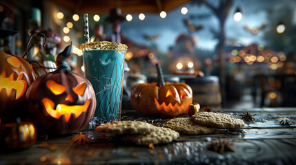 Obraz premium Illuminated Jack O'Lanterns and Cookies on a Rustic Wooden Table During a Halloween Celebration