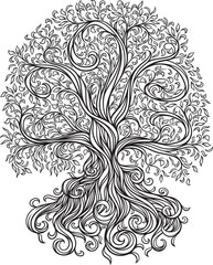 Stylized tree of life. Intricate design and decor element line art type. Highly detailed and accurate lines for print, coloring book pages