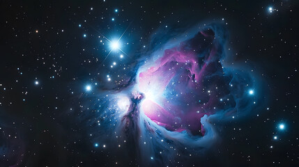 A photo of the Orion Nebula, with swirling gas clouds as the background, during a star-forming region