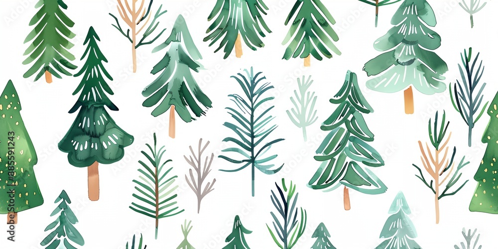 Poster a christmas tree painting with many trees and a white background. the trees are all different sizes 