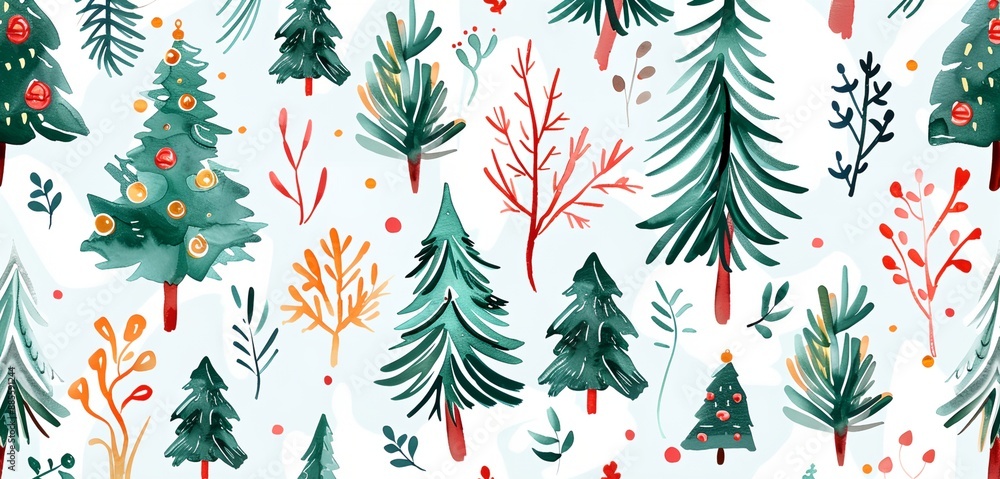 Poster a christmas tree painting with many trees and a white background. the trees are all different sizes 