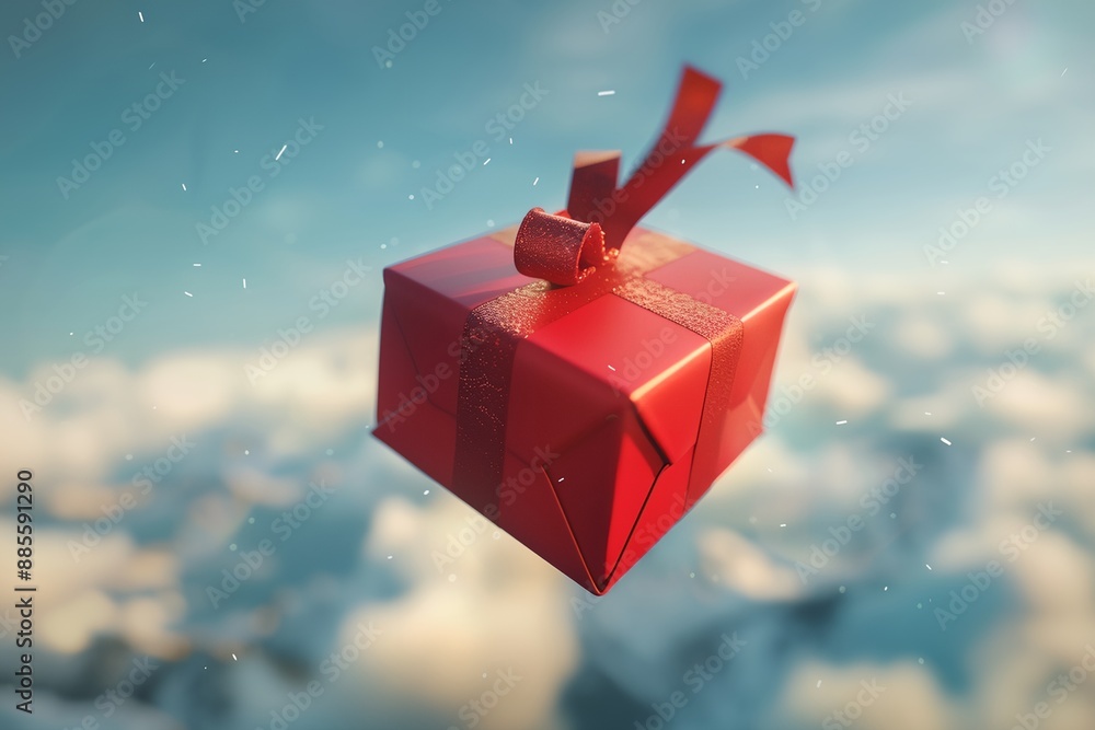Poster a red box with a red ribbon is flying through the air. the box is decorated with a bow and he is a g