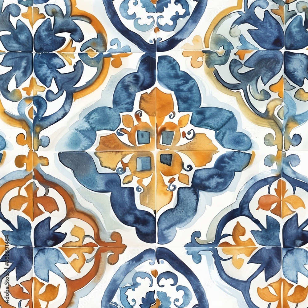 Poster a blue and yellow tile pattern with a flower design. the tiles are arranged in a square and the flow