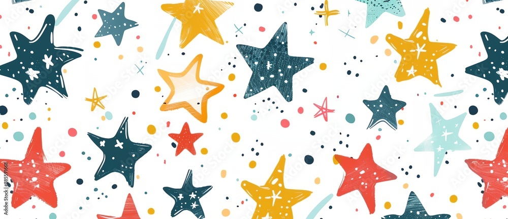 Poster a colorful star pattern with a white background. the stars are in various sizes and colors, and they