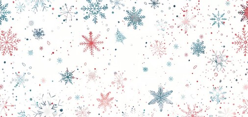 A snowflake pattern with red, blue and white colors. The snowflakes are scattered all over the background
