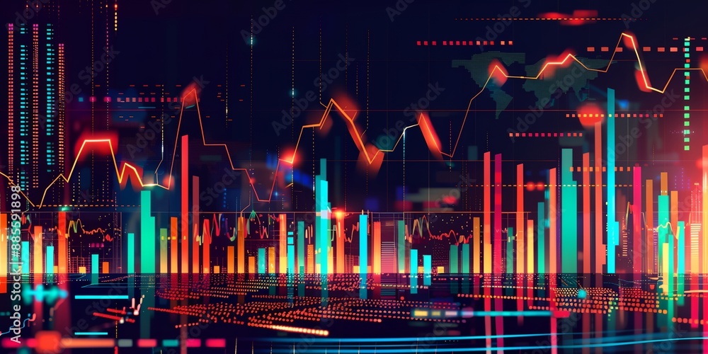 Poster a colorful cityscape with many buildings and a lot of lines and numbers. the image is a representati