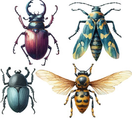 set with various insects in watercolor style