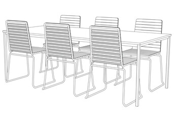 Collection of Elegant Modern Chairs and Table Set with Detailed Line Art on White Background. Vector Illustration