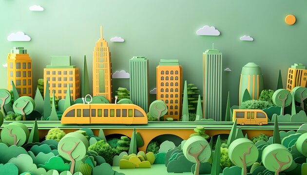 Design a paper cut scene of an ecofriendly urban development, featuring green buildings, community gardens, and efficient public transport.