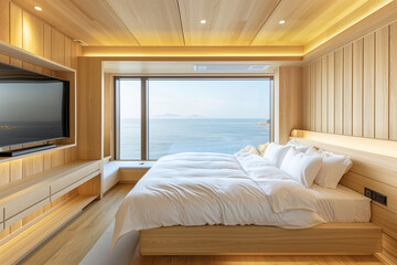 Beautiful decorated luxury hotel room with a large bed with sea view.