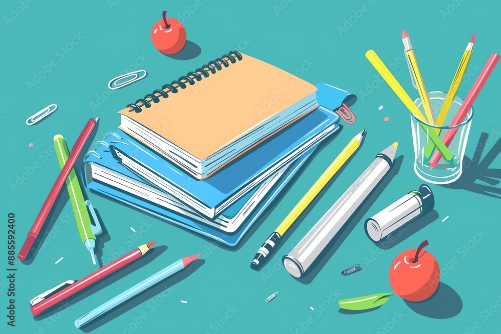 Poster a stack of books and a glass of water sit on a table. the books are open to a page with a picture of