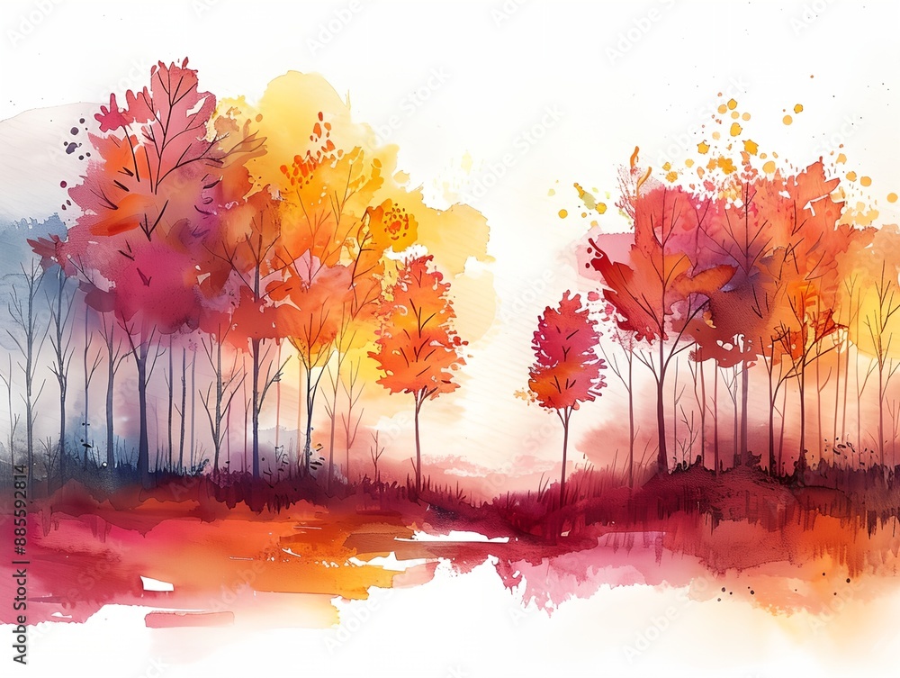 Poster a painting of a forest with trees in various shades of orange and red. the trees are scattered throu