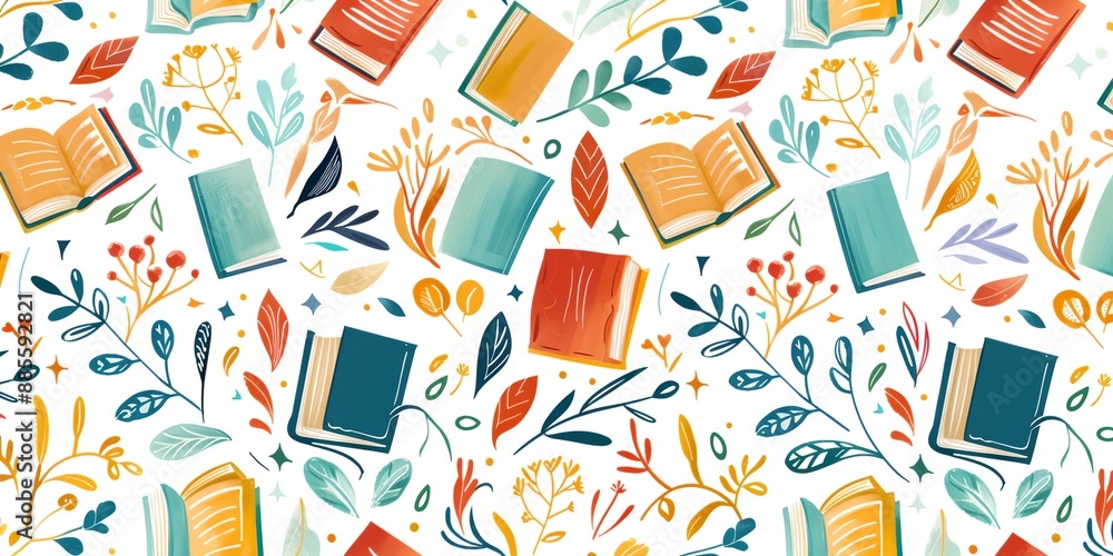 Poster colorful pattern of books and leaves. the books are scattered throughout the pattern, with some over